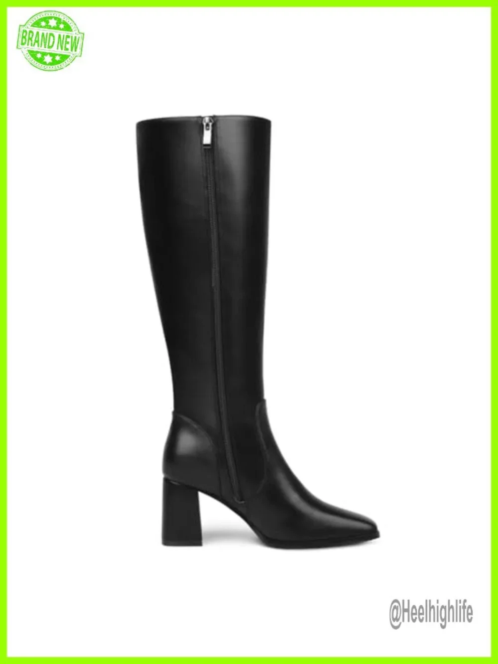 Knee High Boots Chunky Block Heel Square Toe Zipper Faux Leather